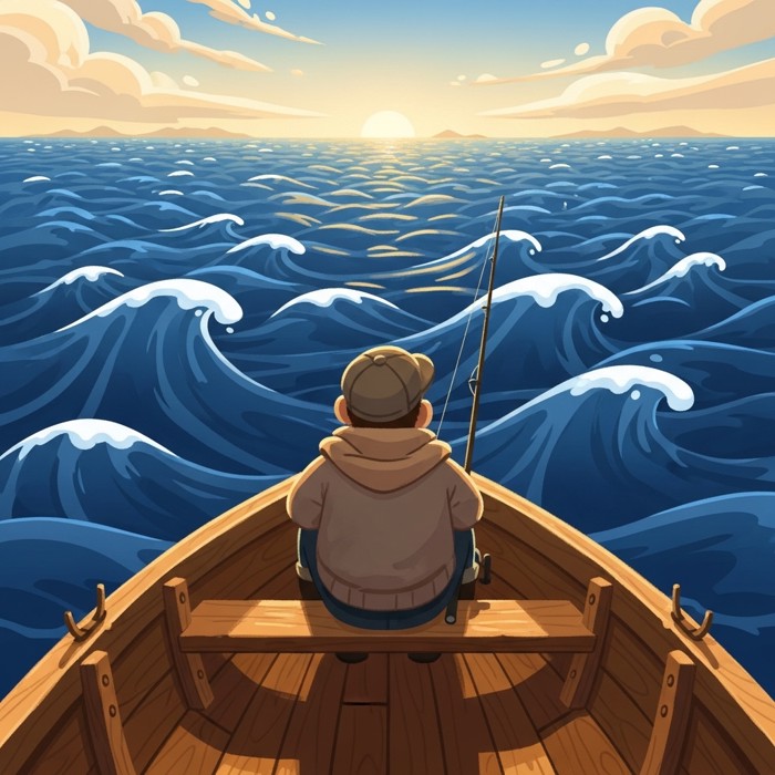 A lone fisher on a wooden boat watching a mesmerizing pattern of rolling swells moving across a deep blue open sea.