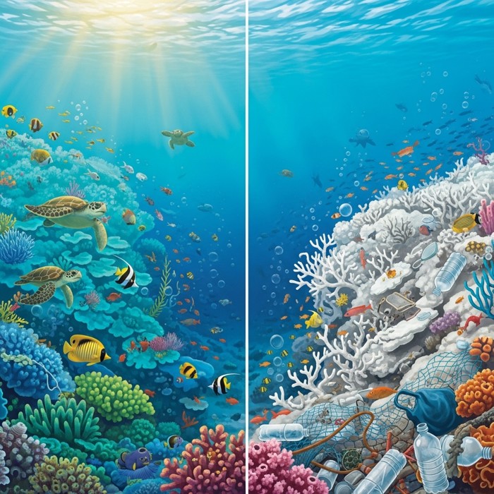 A stark split image showing one side of a thriving turquoise reef versus the other side bleached white and choked with plastic debris