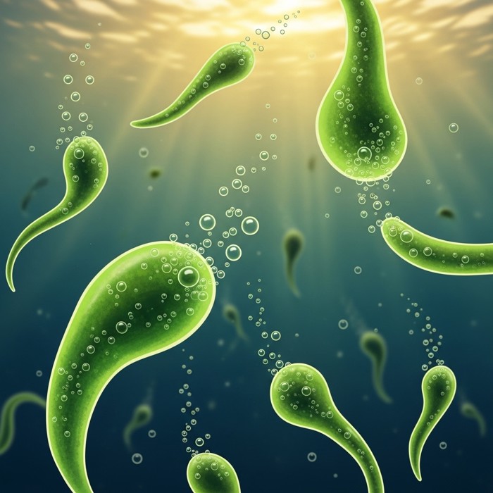 A microscope close-up of glowing green phytoplankton cells suspended in sunlit ocean water, releasing tiny oxygen bubbles