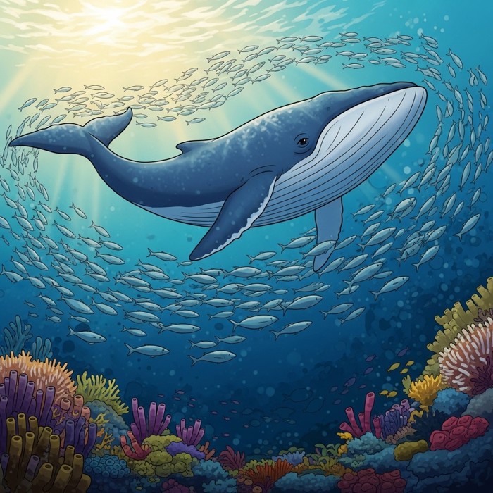 An underwater panorama revealing a bustling ocean ecosystem: a massive blue whale gliding above a dense school of silver fish near a sunlit reef