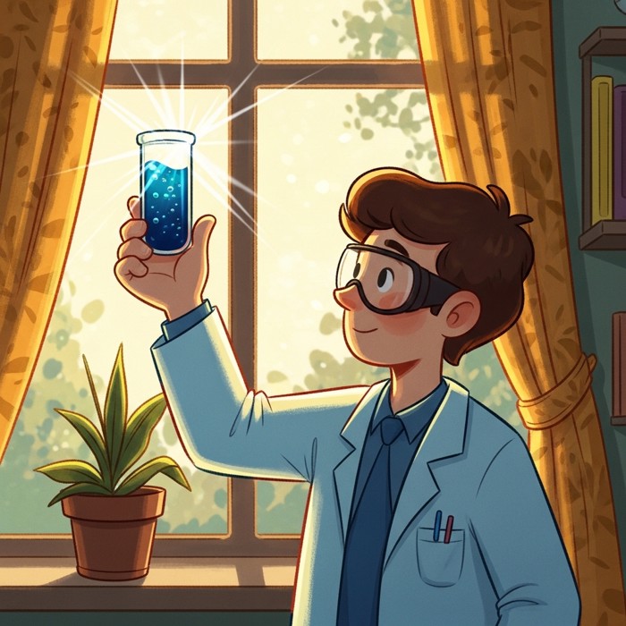 A scientist in a bright lab coat holds up a glass vial of dark ocean water against a window, sunlight refracting through the sample