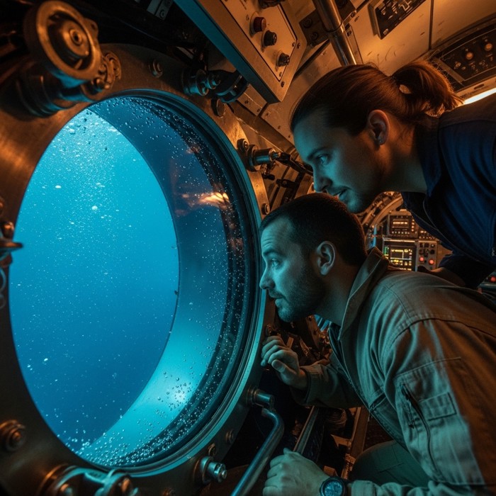 Two researchers peer through the thick circular porthole of a submersible as immense darkness and crushing water surround the vessel