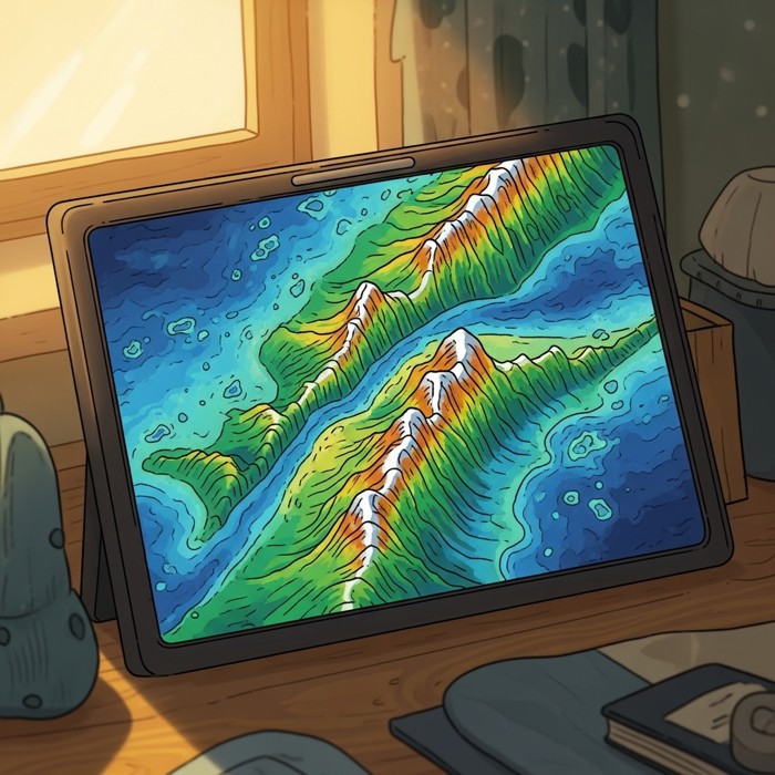 A colorful sonar map of the ocean floor displayed on a screen, showing dramatic mountain ridges and deep trenches in vivid greens and blues