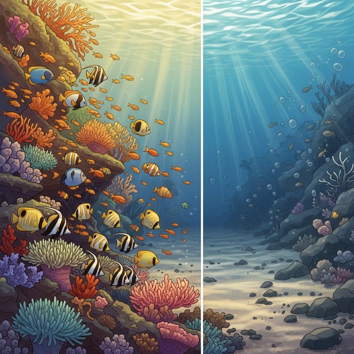 A split-image showing a thriving coral reef teeming with colorful fish on one side, and a barren grey ocean floor devoid of life on the other