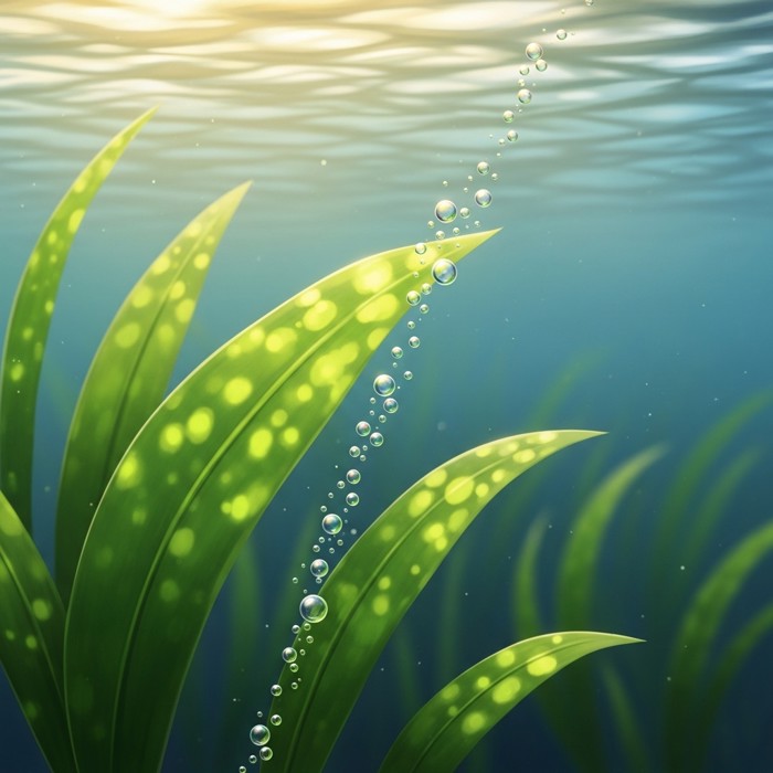 A close-up of bright green sea plant leaves with sunlight filtering through the water, tiny bubbles of oxygen rising upward like sparkling pearls