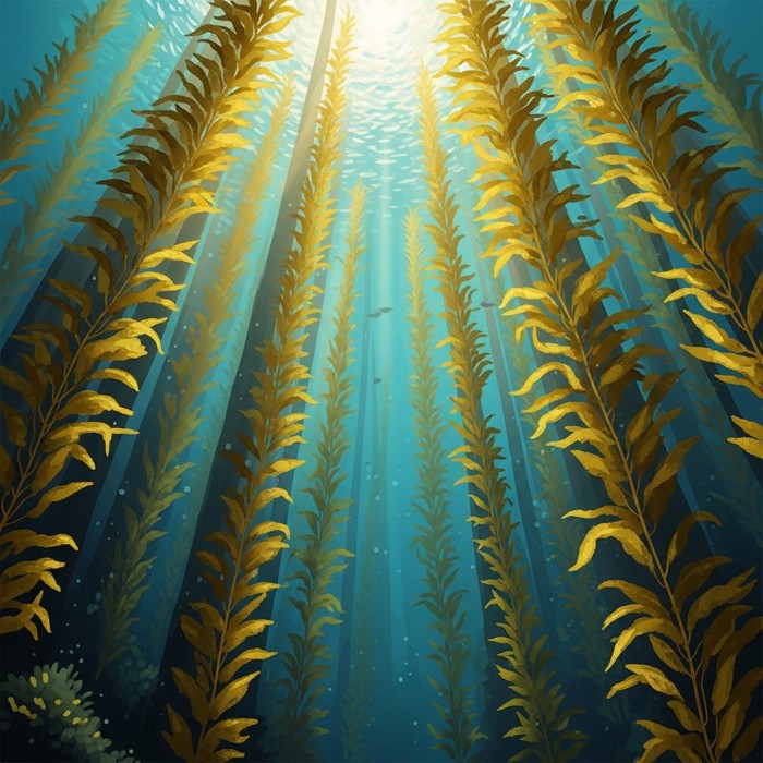 A towering underwater kelp forest with long golden-green stalks reaching up toward the bright ocean surface, shafts of light cutting through the canopy