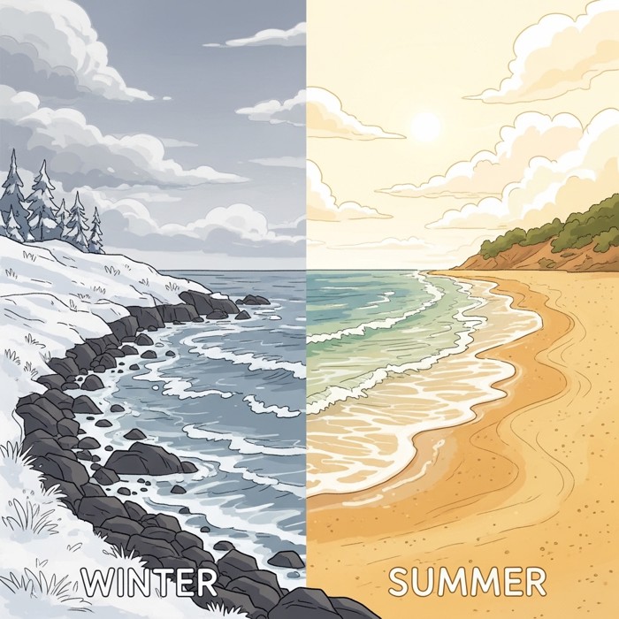 A comparison of the same beach in winter and summer side by side — the winter side shows a narrow, rocky shoreline stripped of sand, while the summer side shows a wide, golden sandy beach