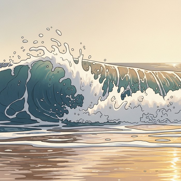 A close-up slow-motion shot of a large wave breaking on the shore, its white crest exploding with force as it releases energy onto wet sand
