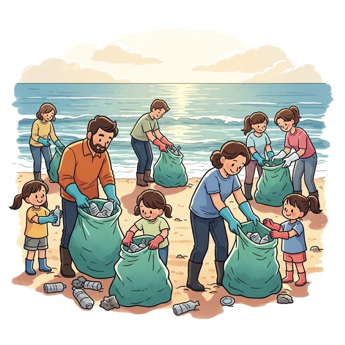A community beach clean-up event with men, women, and children wearing gloves and filling large bags with plastic rubbish collected from a sandy beach, the ocean visible and calm in the background