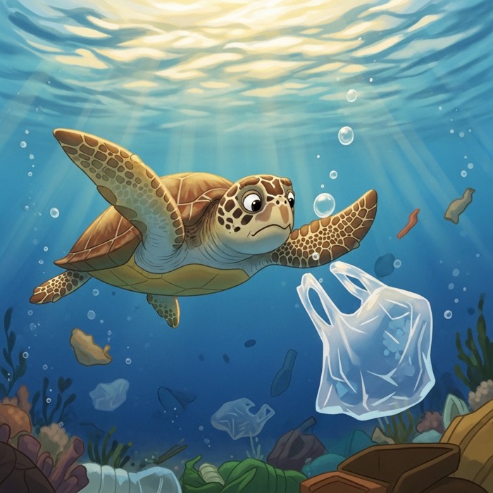A sea turtle swimming underwater surrounded by floating plastic bags and debris, the turtle's expression suggesting confusion as it approaches a translucent plastic bag drifting in blue ocean water