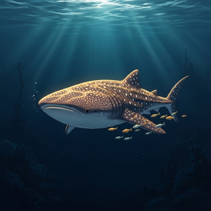 A dramatic underwater photograph of a lone, aged whale shark swimming through an almost empty dark ocean, with only a few small fish visible, conveying the emptiness caused by human impact