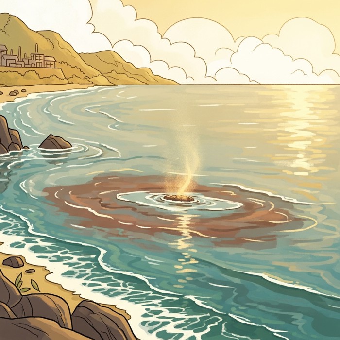 A hazy coastal view of industrial runoff discoloring the water near a warming, sluggish current, faint heat shimmer rising from the ocean's overburdened surface