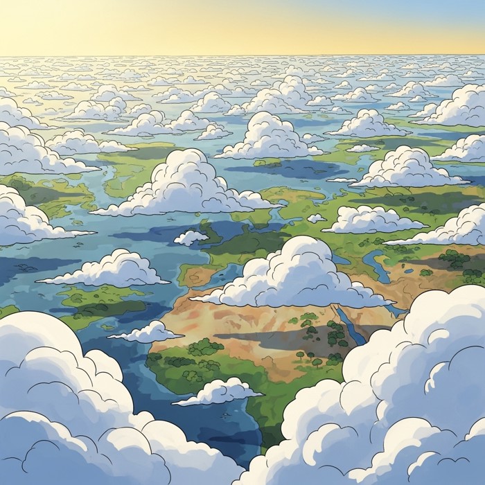 A high-altitude view of billowing white clouds forming and drifting steadily across a patchwork of continents far below, carrying cooled water vapor toward distant land