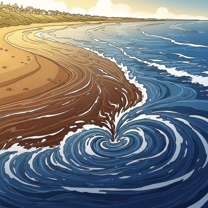 A river mouth where fresh brown water visibly swirls and mixes with deep blue ocean currents, the meeting point churning with motion rather than settling into stillness