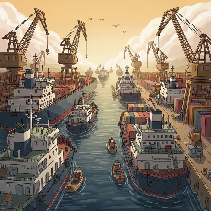 A fleet of ships and offshore construction cranes crowding a busy shipping lane, their engines and machinery sending heavy vibrations rippling down into the darkening water below