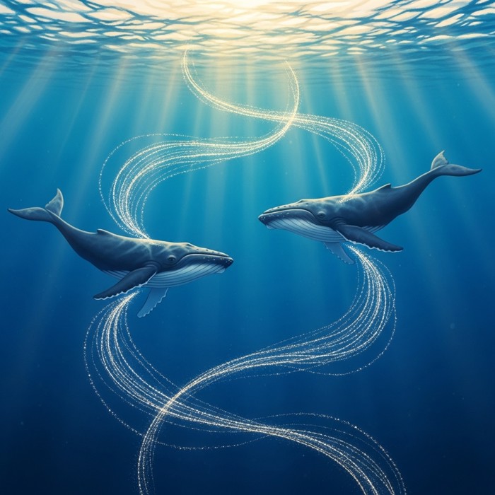 Two humpback whales far apart in the vast blue ocean, their songs shown as long rippling sound arcs stretching across the deep water to connect them