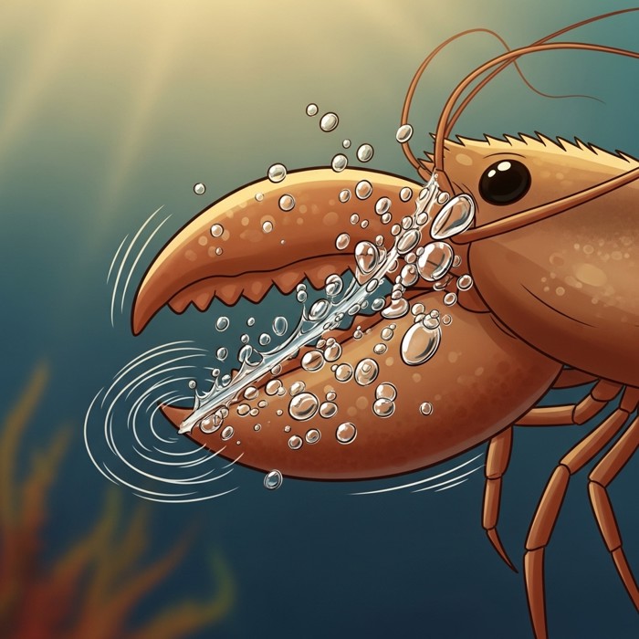 An extreme close-up of a snapping shrimp's oversized claw snapping shut in a burst of bubbles, a small shockwave of sound visibly rippling out from the sudden movement