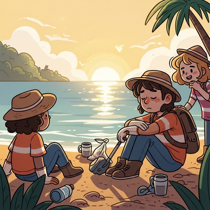 A tired but smiling volunteer sitting on the sand at the end of a cleanup, resting beside new friends they met that day, the ocean calm and glowing in the evening light behind them