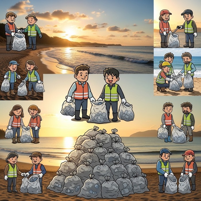 A wide shot of many small groups of volunteers working on different beaches along a coastline, their combined bags of collected trash forming one large pile that represents real change