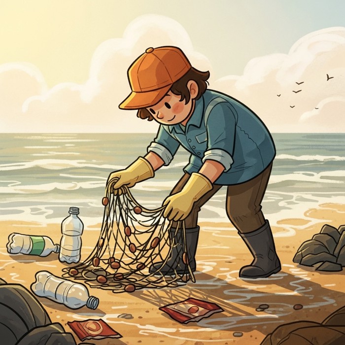 A gloved volunteer bending down along the shoreline to pick up a tangled fishing net, plastic bottles and food wrappers already visible scattered in the wet sand nearby