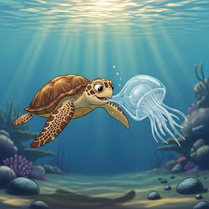 An underwater shot of a sea turtle approaching a drifting plastic bag that looks just like a jellyfish, its mouth already opening as if about to bite down on it