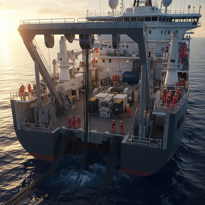 A massive research ship on the ocean surface with thick cables descending into the dark water below, surrounded by expensive equipment and crew in safety gear