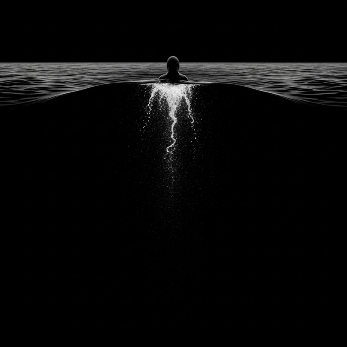 An impenetrable wall of pitch-black water with no light, no color, and no visible life, only absolute darkness pressing from every direction