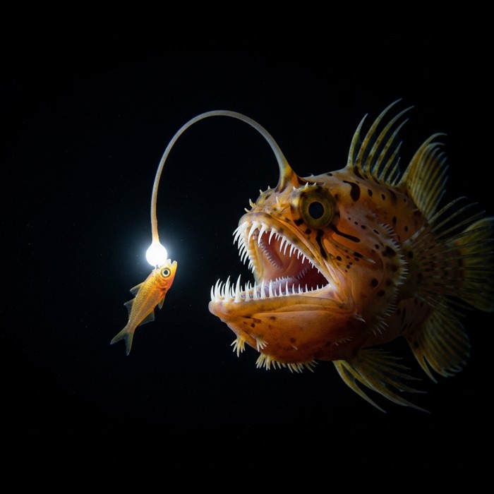 A terrifying anglerfish with jagged teeth and a luminous stalk dangling before it, luring a small shimmering fish toward its open jaws in the black deep