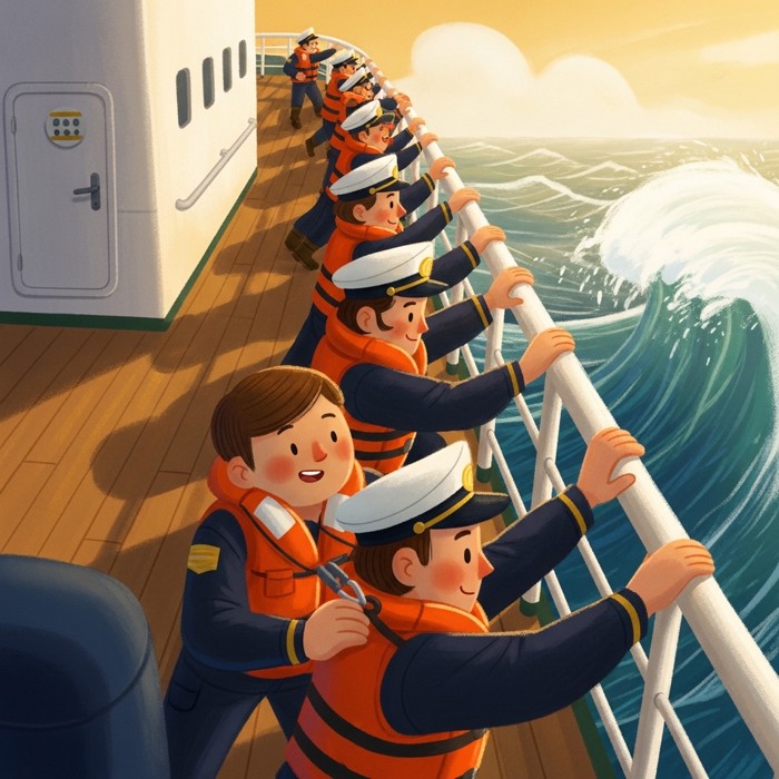 Crew members clipping on bright orange life jackets and gripping handrails tightly as the ship's deck tilts sharply under an incoming wave