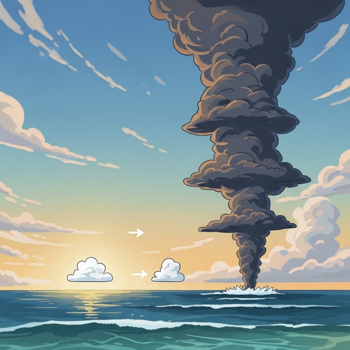 A time-lapse style sky over the ocean showing a small puffy cloud growing hour by hour into a towering dark thunderhead stacked high above the water
