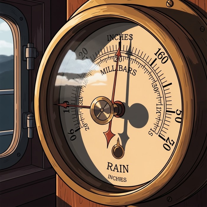 A close-up of a ship's barometer needle swinging steadily downward, its dial reflecting the darkening sky visible through a nearby porthole window