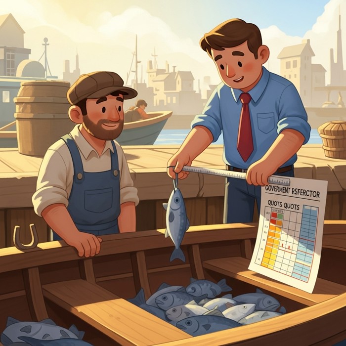 A government inspector on a dock measuring and recording a fisherman's catch against a printed quota sheet, ensuring the boat has not exceeded its legal fishing limit