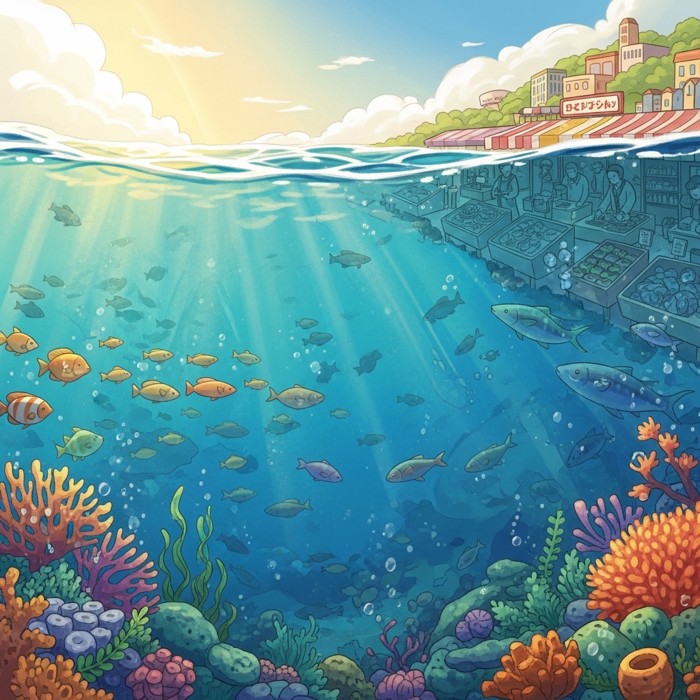 A hopeful wide shot of a clean, thriving ocean with schools of healthy fish swimming past, symbolically framed beside a bustling fish market feeding a crowded city in the distance