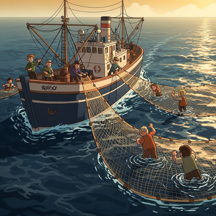 A large fishing trawler far out on the open ocean with no land in sight, its crew casting a wide net that spreads across the water's dark blue surface