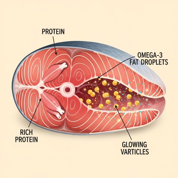 A cutaway illustration of a fresh fish fillet with labeled highlights showing rich protein, golden omega-3 fat droplets, and glowing vitamin particles throughout the flesh