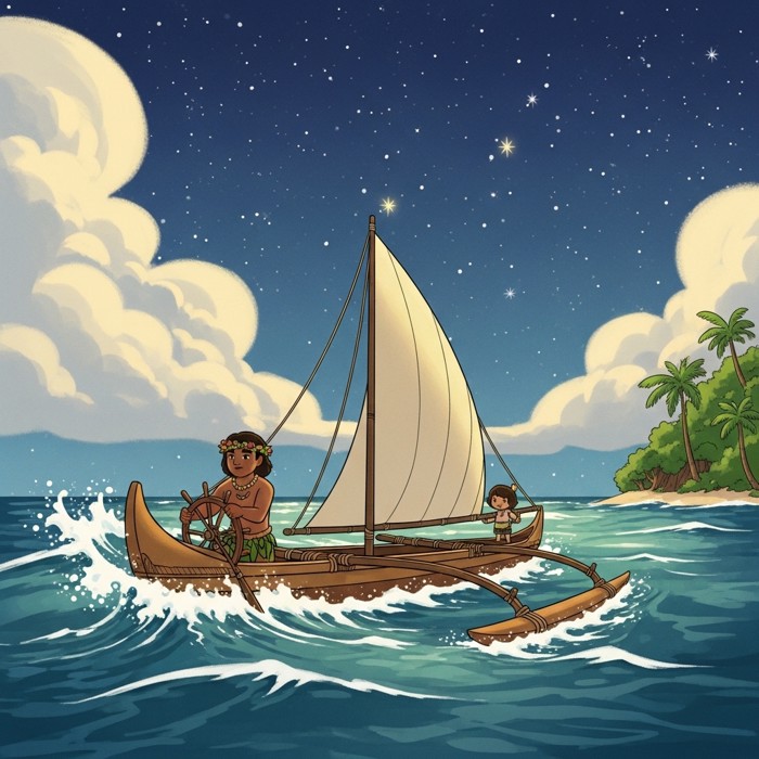 An islander steering a traditional outrigger canoe under a starlit sky, reading the stars and ocean swells to navigate across open water the way ancestors did for generations