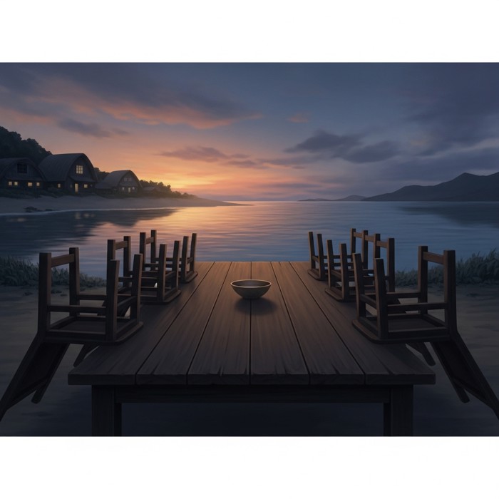 A nearly empty village table and quiet, still ocean at dusk, hinting at how bare island life would become without the sea's steady supply of fish