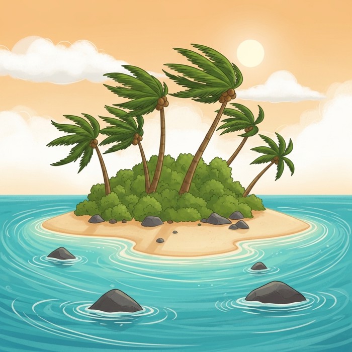 A palm-lined tropical island bathed in warm sunshine with gentle warm currents visible swirling offshore, the mild breeze keeping the whole island pleasantly tropical year-round