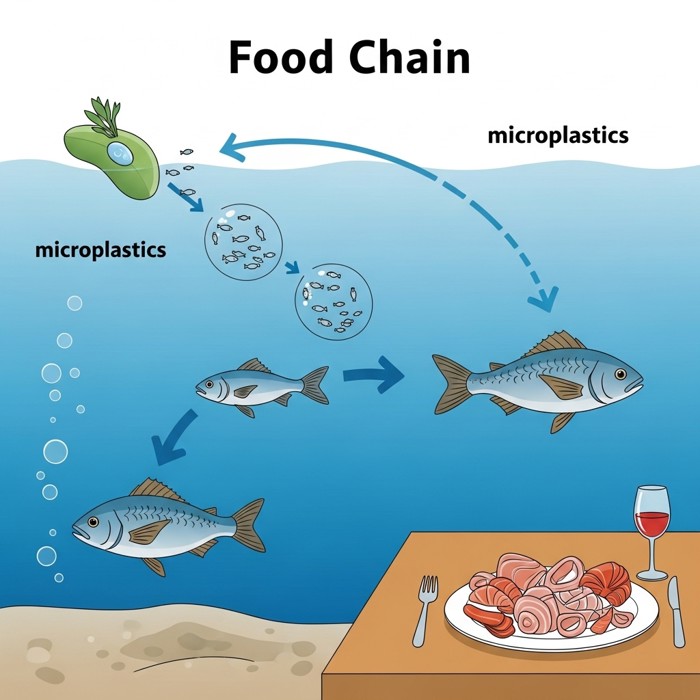An illustrated food chain diagram showing tiny microplastics inside plankton, then inside small fish, then inside a larger fish, ending with a plate of seafood on a dinner table
