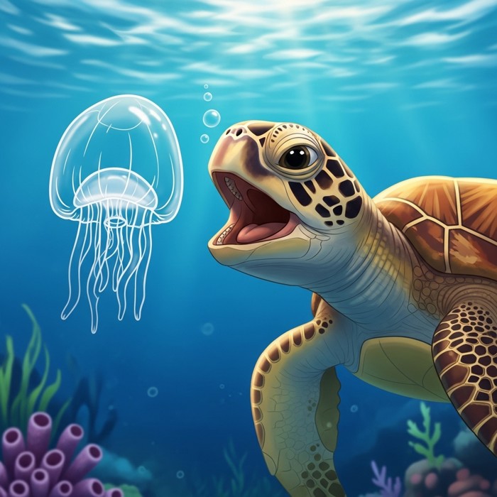 A close-up underwater photograph of a sea turtle with its mouth open near a translucent floating plastic bag that resembles a jellyfish in the blue ocean