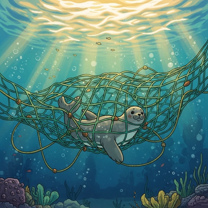 An underwater scene showing a tangled green fishing net drifting in the ocean with a seal caught in its mesh, sunlight filtering down from above