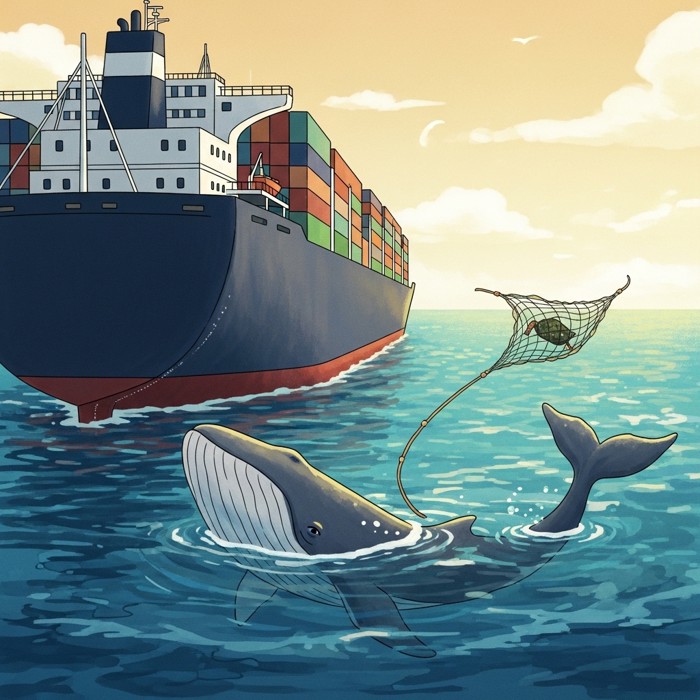 A whale surfacing dangerously close to a massive cargo ship's path, a discarded fishing net drifting nearby in the same busy shipping lane it must cross