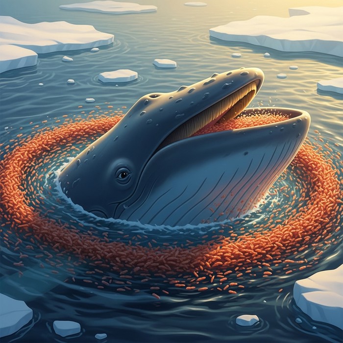 A large whale surfacing amid a dense swirl of krill in icy blue-grey polar water, its mouth open wide to feed on the abundant summer food supply