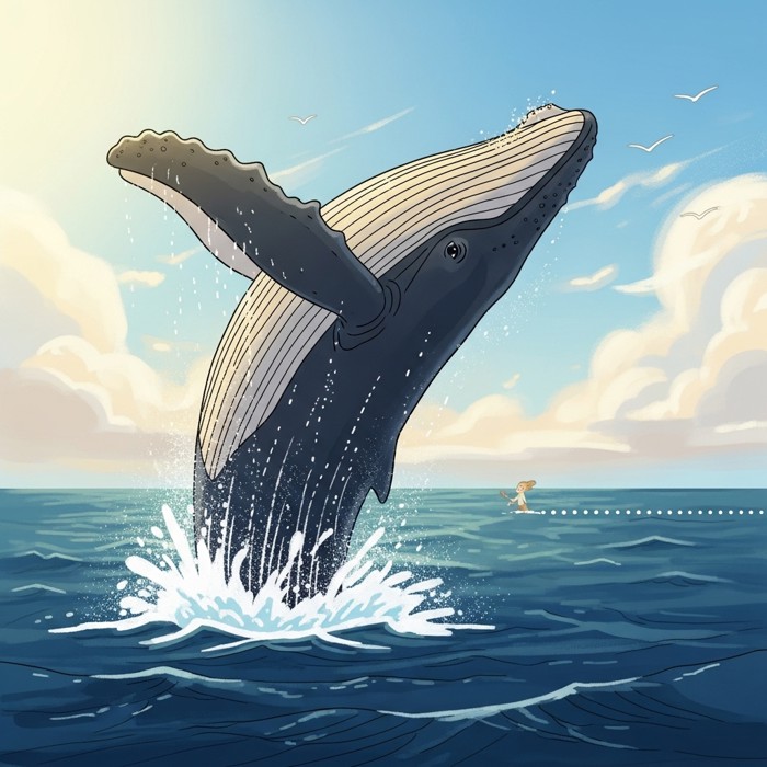 A humpback whale breaching dramatically far out at sea, a faint dotted trail on the water behind it suggesting the thousands of miles already traveled on its journey