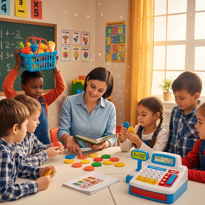 A teacher showing students how to calculate change using real coins and a toy cash register, connecting math lessons to everyday shopping
