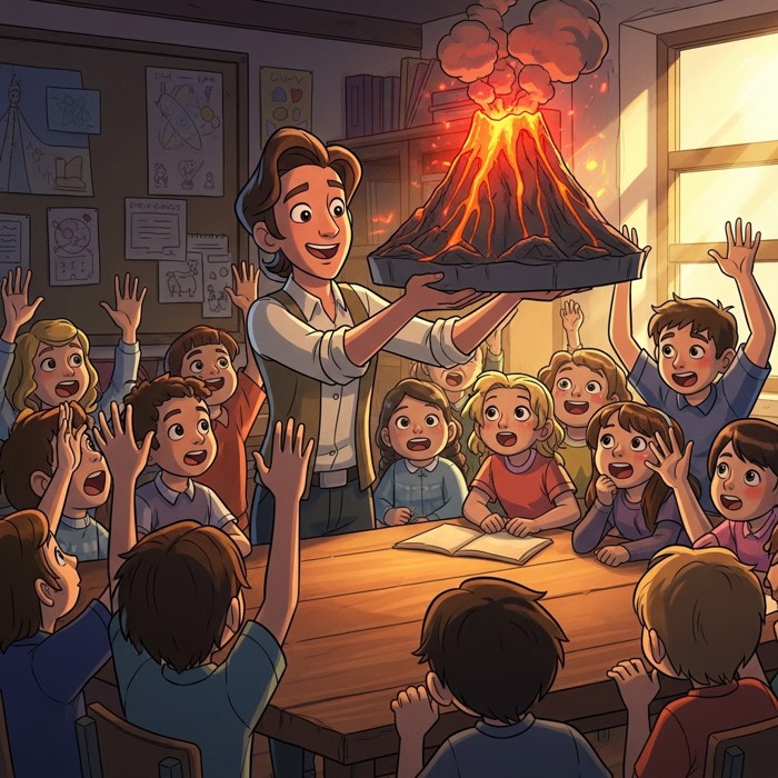 An animated teacher holding up a glowing volcano model with enthusiasm, students' faces lit up with matching excitement and hands raised high