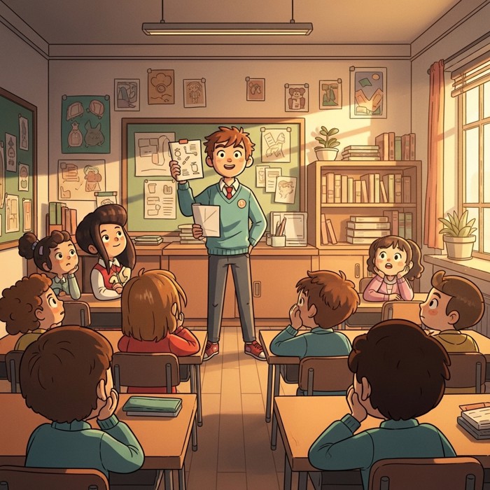 A student standing tall at the front of the class, confidently presenting a project to classmates who watch with curious, attentive expressions