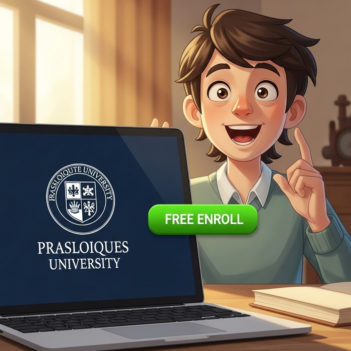 A prestigious university logo displayed on a laptop screen next to a bright green 'Free Enroll' button, with a surprised and delighted learner in the background