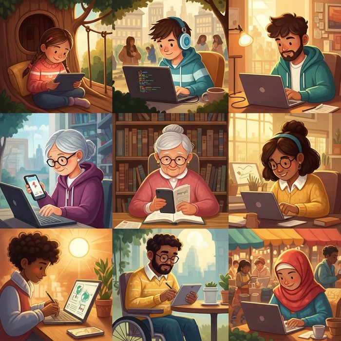 A mosaic of diverse people of different ages and backgrounds each studying on their own devices in various cozy locations around the world