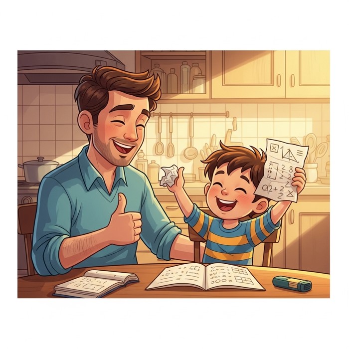 A father giving a thumbs-up to his son who shows a crumpled but completed math worksheet, both laughing together at a kitchen table